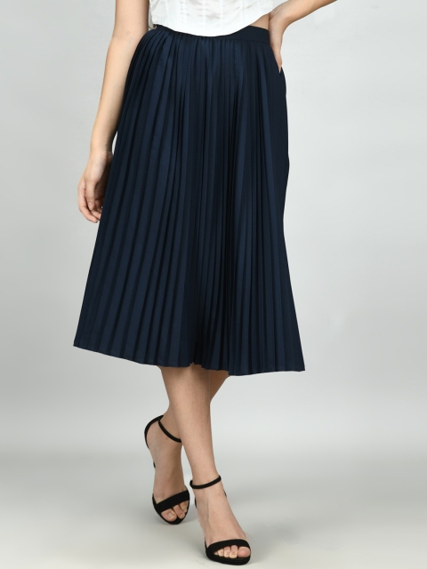 

Retrobelaa Women Blue Solid Accordion Pleated Midi Skirt