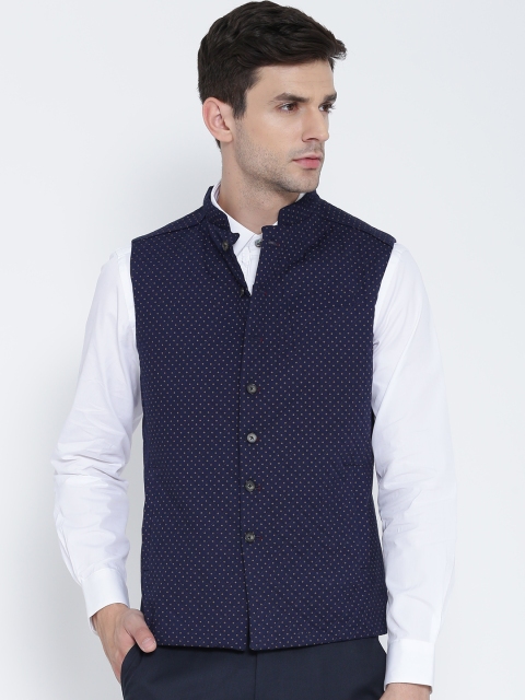 

Blackberrys Navy Printed Slim Fit Pure Cotton Nehru Jacket, Navy blue