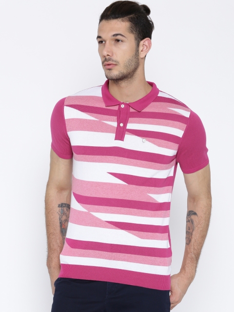 

Blackberrys Men Pink Striped Polo Pure Cotton T-shirt