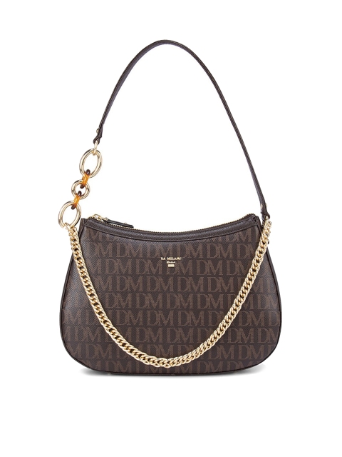 

Da Milano Brown Textured Leather Half Moon Handheld Bag with Quilted