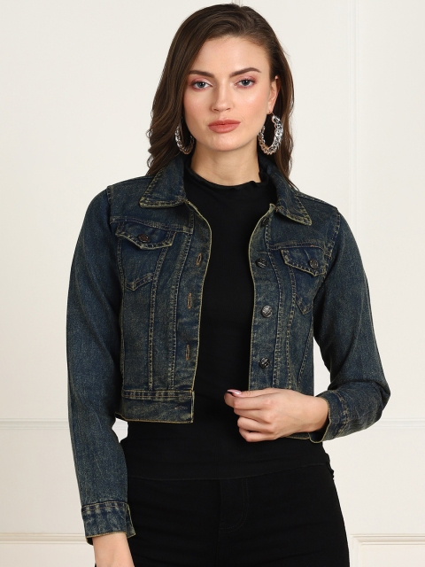 

MONTREZ Women Blue Washed Crop Denim Jacket with Embroidered
