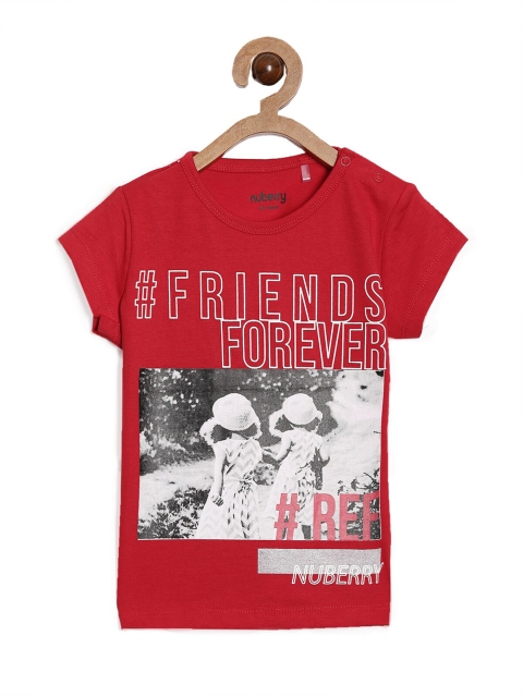 

Nuberry Girls Red Typography Printed T-shirt