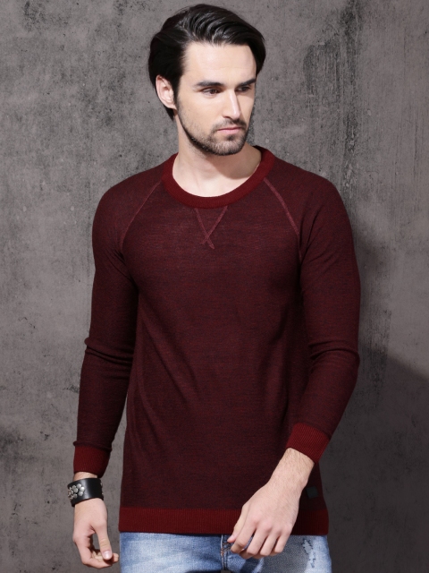 

Roadster Men Maroon Self Design Pullover