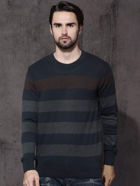 

Roadster Men Navy Blue & Grey Striped Pullover