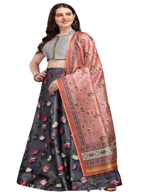 

LOOKFIELD Grey & Red Printed Semi-Stitched Lehenga & Unstitched Blouse With Dupatta