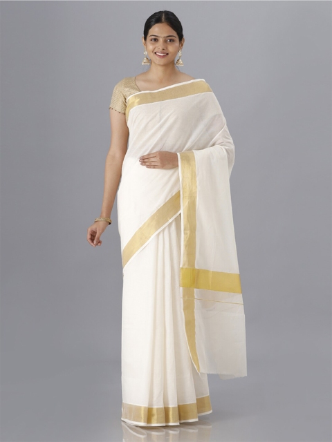 

Ramraj Cream-Coloured & Gold-Toned Zari Kasavu Saree