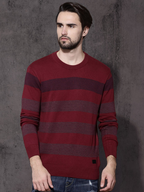 

Roadster Men Maroon Striped Pullover