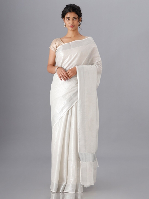 

Ramraj Cream-Coloured & Silver-Toned Zari Traditional Kerala Kasavu Saree