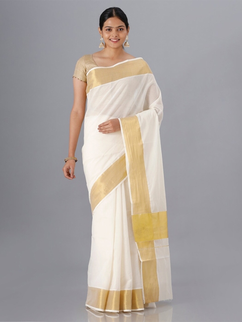 

Ramraj Cream-Coloured & Gold-Toned Zari Traditional Kerala Kasavu Saree