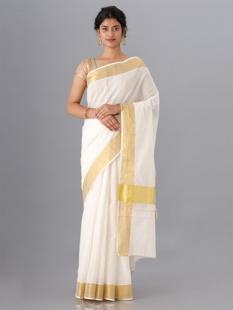 

Ramraj Women Cream & Gold-Toned Zari Cotton Traditonal Kerala Kasavu Saree