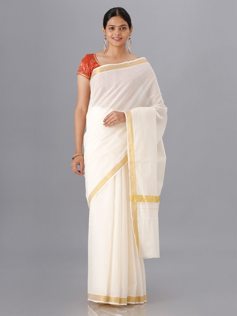 

Ramraj Women Cream-Coloured & Gold-Toned Zari Kasavu Saree