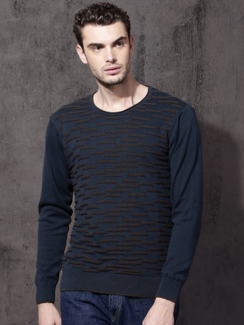 

Roadster Men Navy Blue Self Design Pullover