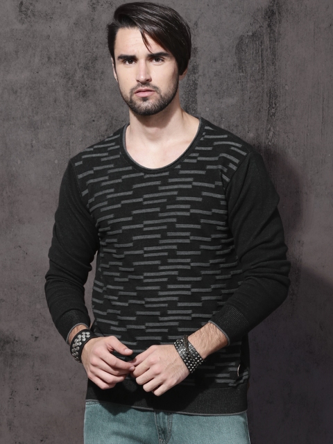 

Roadster Men Black Self Design Pullover