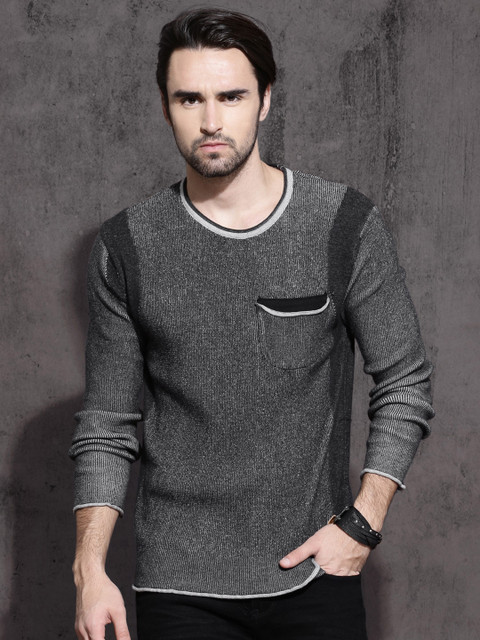 

Roadster Men Charcoal Grey Self Design Pullover