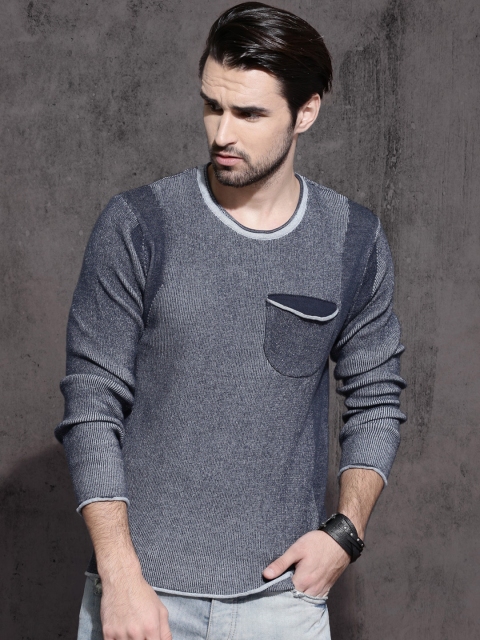 

Roadster Men Blue Self Design Pullover