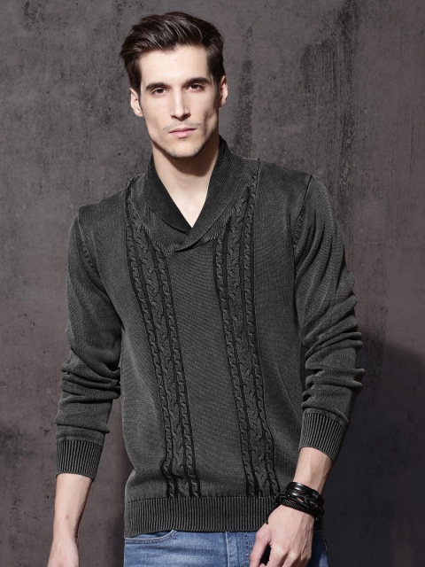 

Roadster Men Charcoal Grey Self Design Pullover