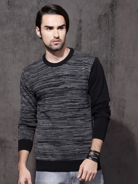 

Roadster Men Charcoal Grey Self Design Pullover