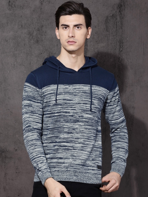 

Roadster Men Grey & Navy Blue Self Design Hooded Pullover