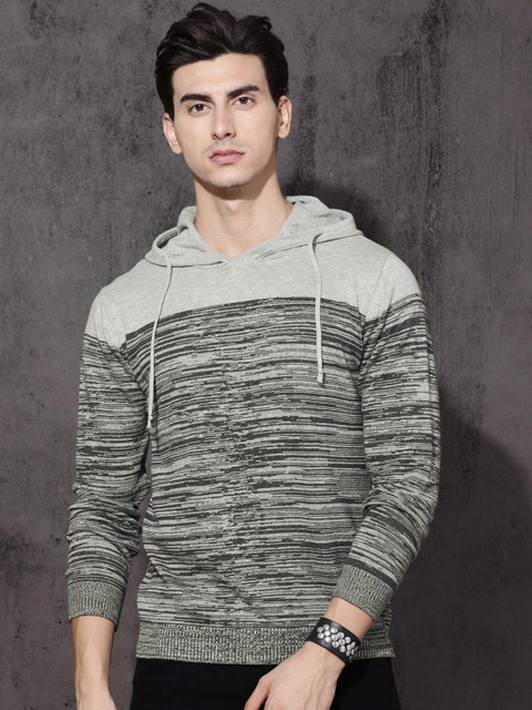 

Roadster Men Charcoal Grey Self Design Hooded Pullover