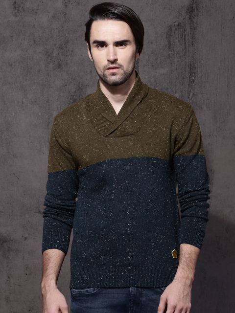 

Roadster Men Brown & Navy Blue Colourblocked Pullover
