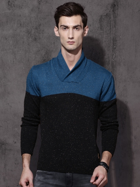 

Roadster Men Blue & Black Colourblocked Pullover