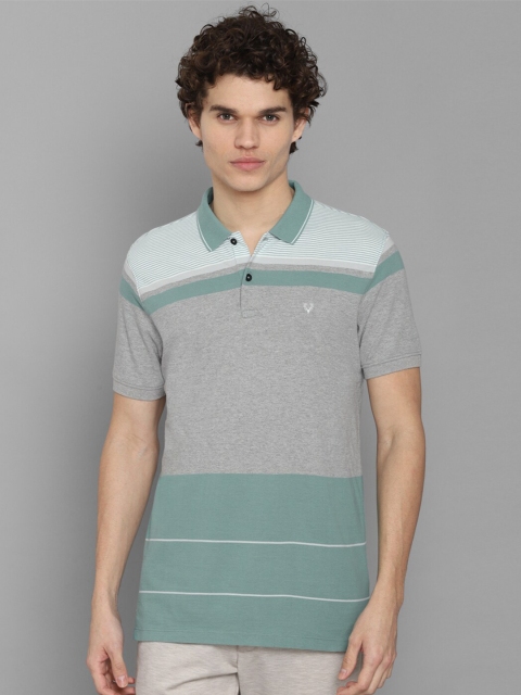

Allen Solly Men Grey & Green Striped Polo Collar T-shirt