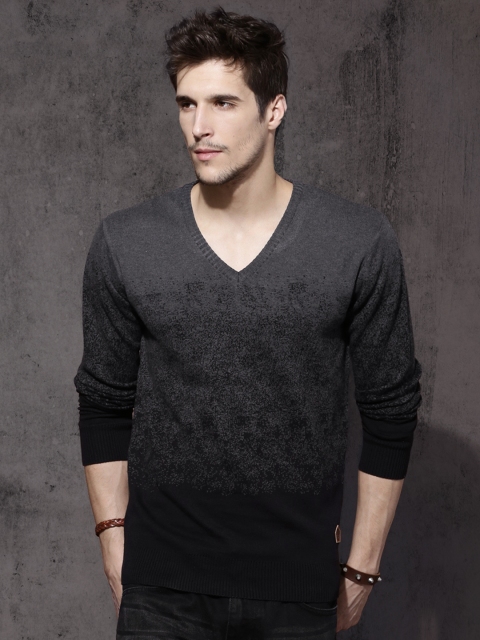 

RDSTR Men Black & Grey Self-Design Pullover