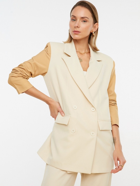 

Trendyol Women Brown Beige Colourblocked Longline Tailored Jacket