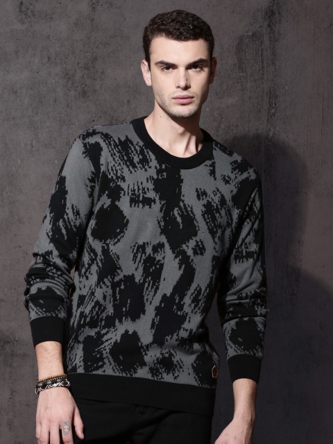 

RDSTR Men Black & Grey Patterned Sweater