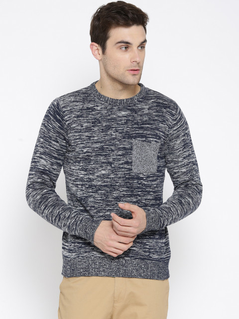 

Roadster Men Navy Blue & Grey Melange Self-Design Sweater