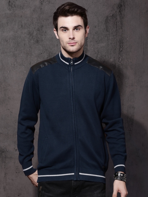 

Roadster Men Navy Solid Front-Open Sweater, Navy blue