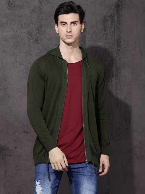 

Roadster Men Olive Green Solid Front Open Sweater