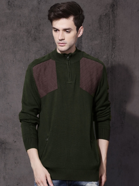 

Roadster Men Olive Green Self Design Pullover