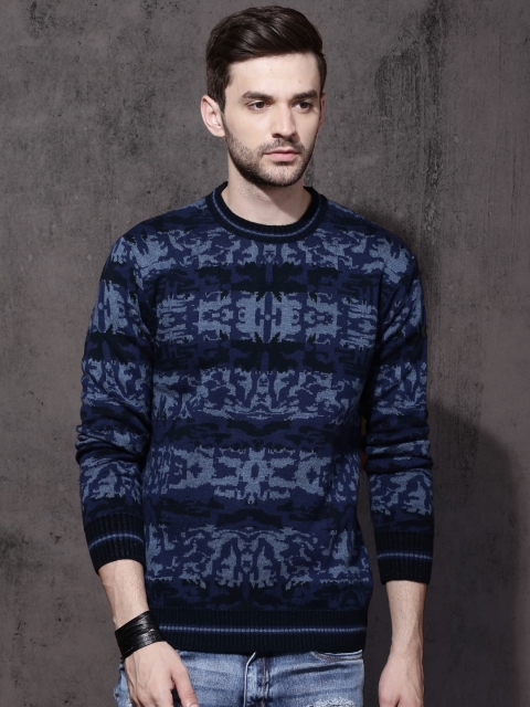 

Roadster Men Blue Self Design Pullover