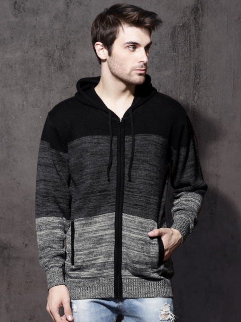

Roadster Men Black & Grey Colourblocked Cardigan