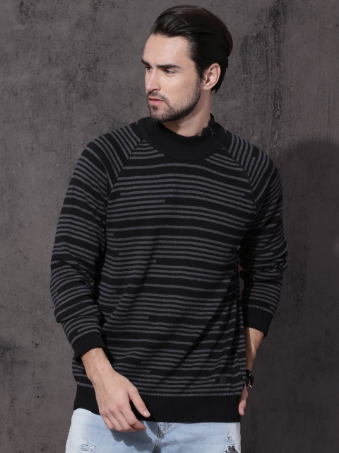 

Roadster Men Black & Charcoal Grey Striped Pullover