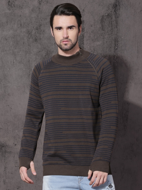 

Roadster Men Brown & Navy Blue Striped Pullover