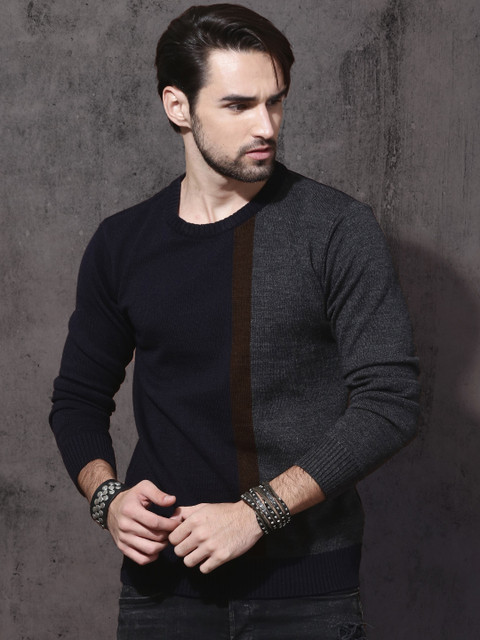 

Roadster Men Navy & Charcoal Grey Colourblocked Pullover, Navy blue