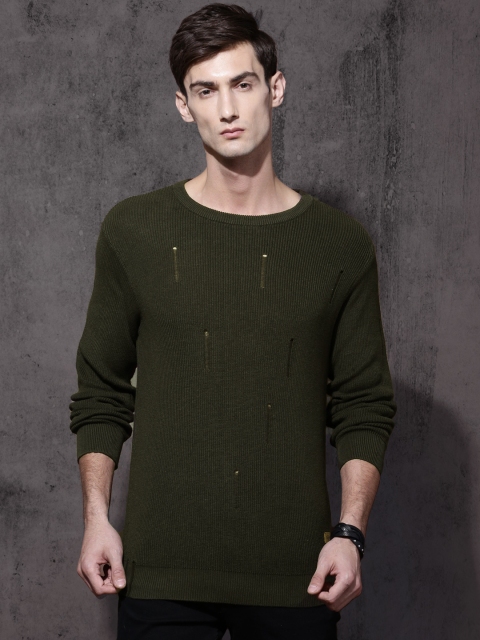 

Roadster Men Olive Green Solid Pullover