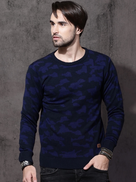

Roadster Men Blue Self Design Pullover
