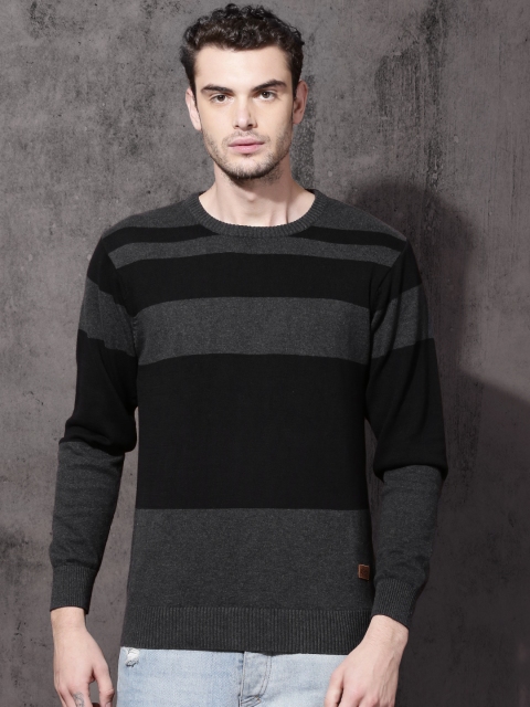 

Roadster Men Black & Charcoal Grey Striped Sweater