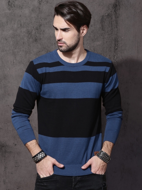 

Roadster Men Blue & Black Striped Sweater