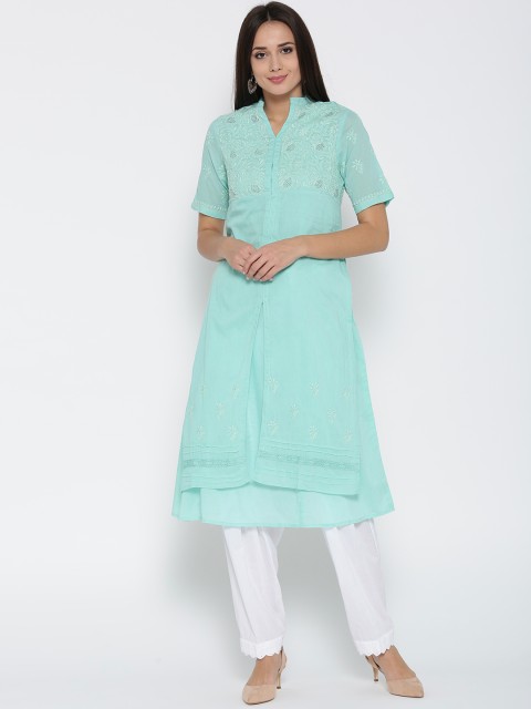 

Biba Women Sea Green Yoke Design Straight Kurta