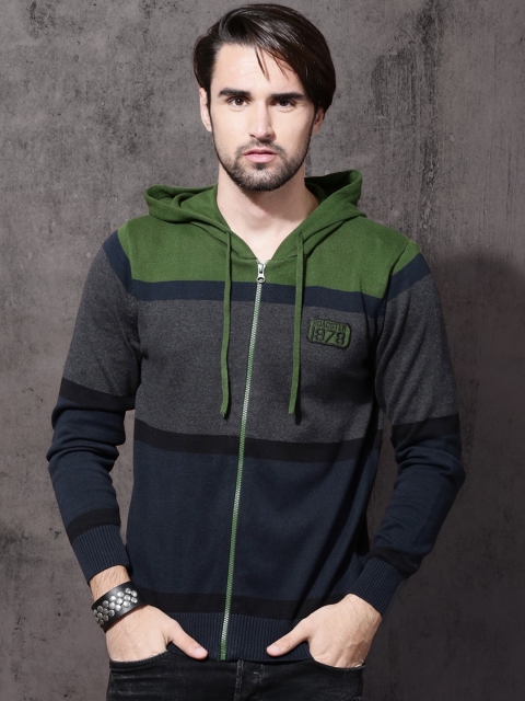 

Roadster Men Green & Charcoal Grey Colourblocked Front-Open Sweater