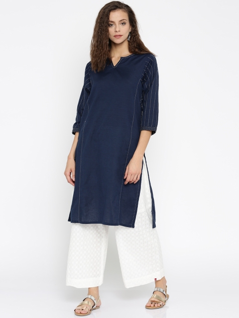 

Biba Women Navy Solid Straight Kurta, Navy blue