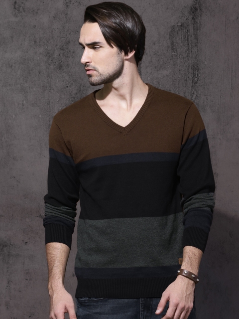 

Roadster Men Brown & Black Striped Pullover