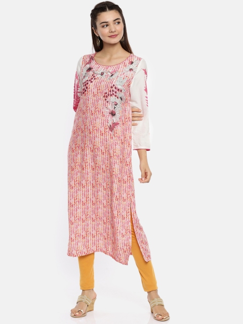 

Biba Women Pink & Off-White Printed Straight Kurta