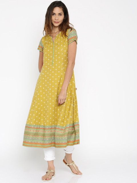 

Biba Women Mustard Yellow Woven Design A-Line Kurta