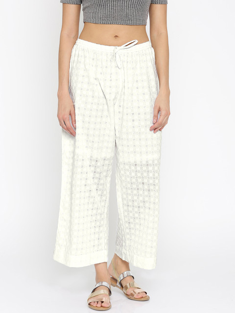 

Biba Women White Self-Design Trousers
