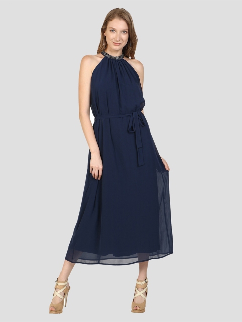 

DRIRO Navy Blue Solid Georgette A-Line Midi Dress